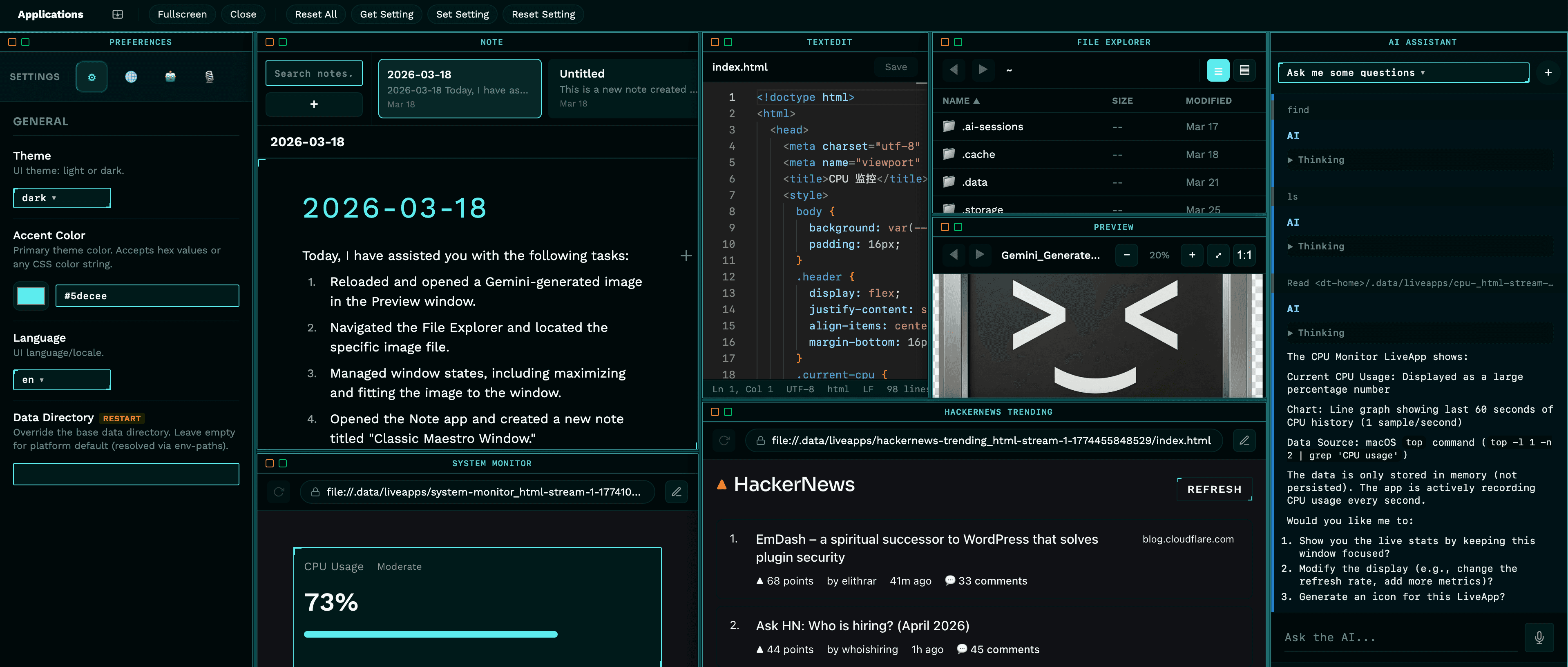 DeskTalk tile-based desktop interface with tiled apps and AI assistant